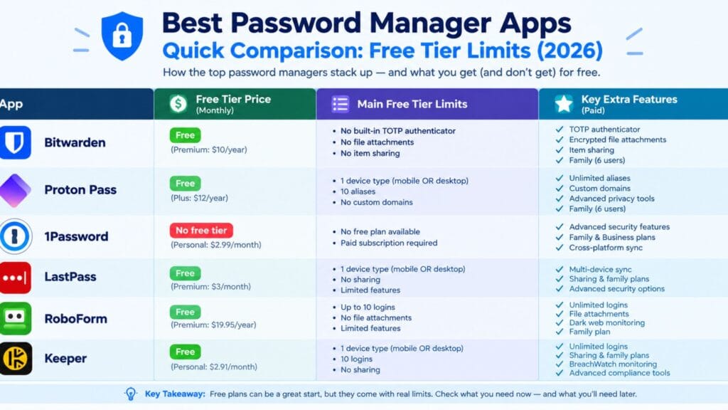 free tier limits for the best password manager apps