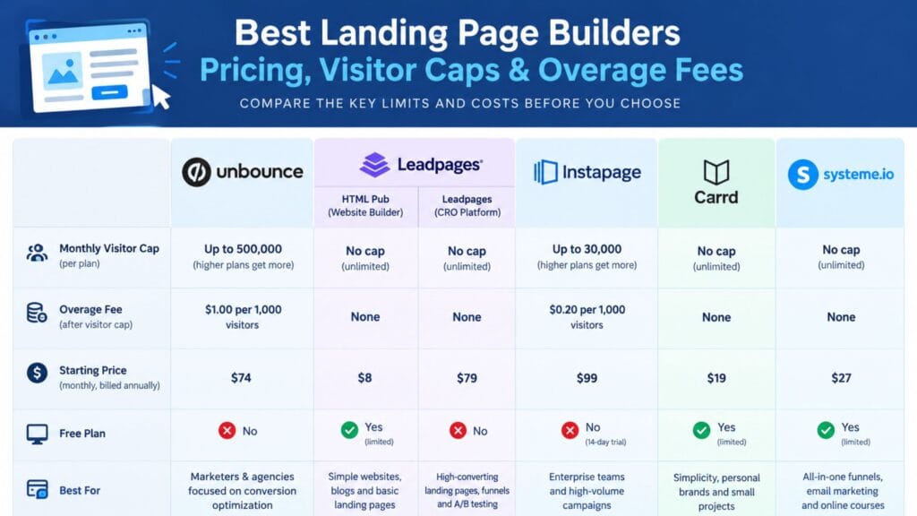 visitor caps and overage fees for the best landing page builders